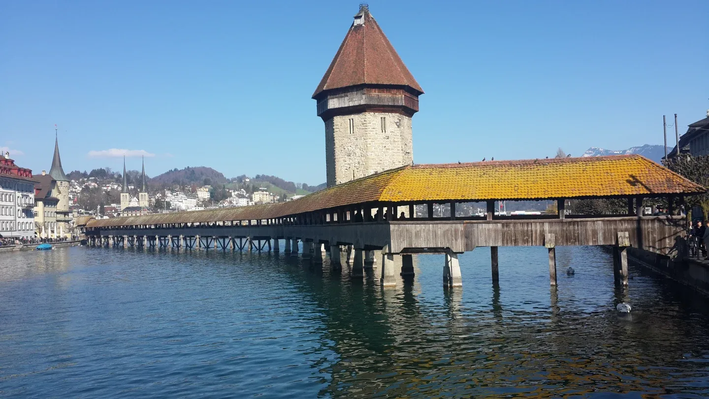 The Kapellbrücke and its tower over the Reuss in Lucerne.